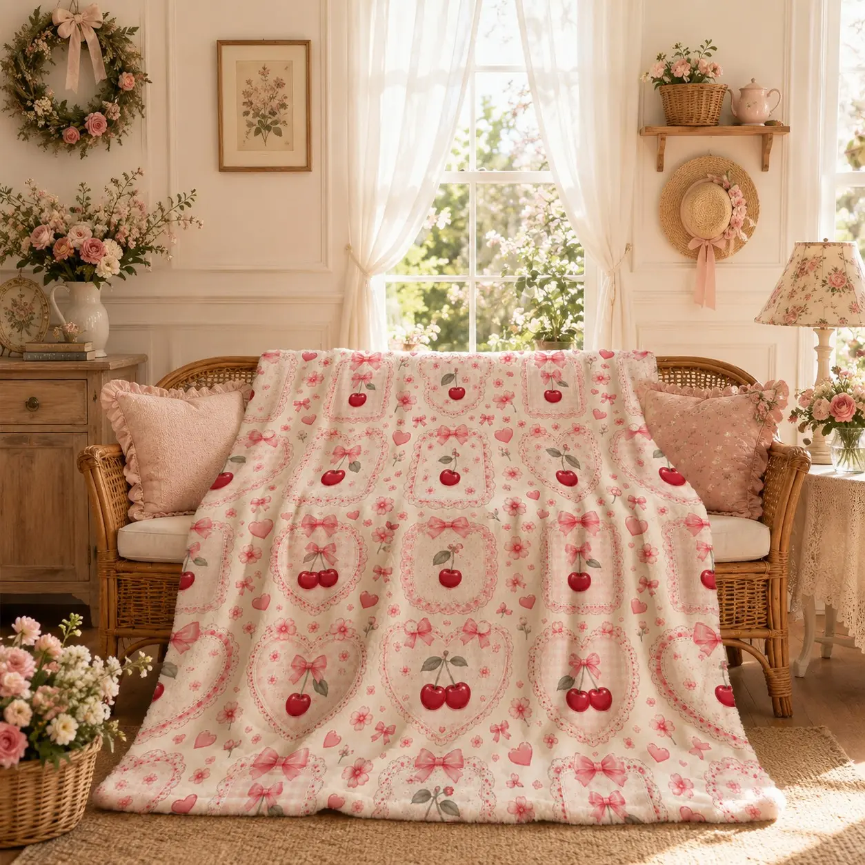 One Sweet Lace Cherry Bow Flannel Blanket, Single Side Print Cozy Nap Throw, All-season Decor Blanket for Indoor & Outdoor Use, for Sofas, Bedrooms, Naps and Dorms, Ideal Gift