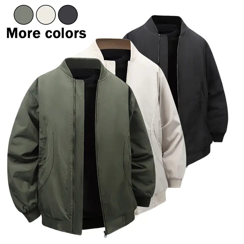 Men Solid Stand Rib Collar Bomber Windproof Jacket, Plain Blank Full Zip Baseball Coat, Elastic Rib Cuff & Hem Wind Resistant Outerwear for Daily Casual Street Outfits, 3 Solid Color Options
