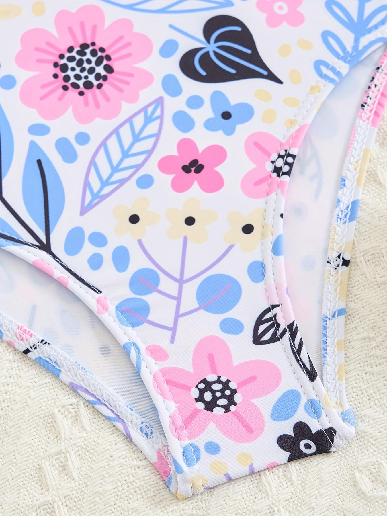 Girl's Floral Print One-piece Swimsuit & Swimming Cap, Cute Casual Swimwear Set for Beach Holiday Vacation, Kids Swimsuit for Summer