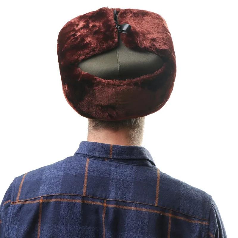 Men's Winter Soviet Badge Lei Feng Hats Russian Ushanka Hat Outdoor Warm Thicken Faux Rabbit Fur Windproof Snow Caps