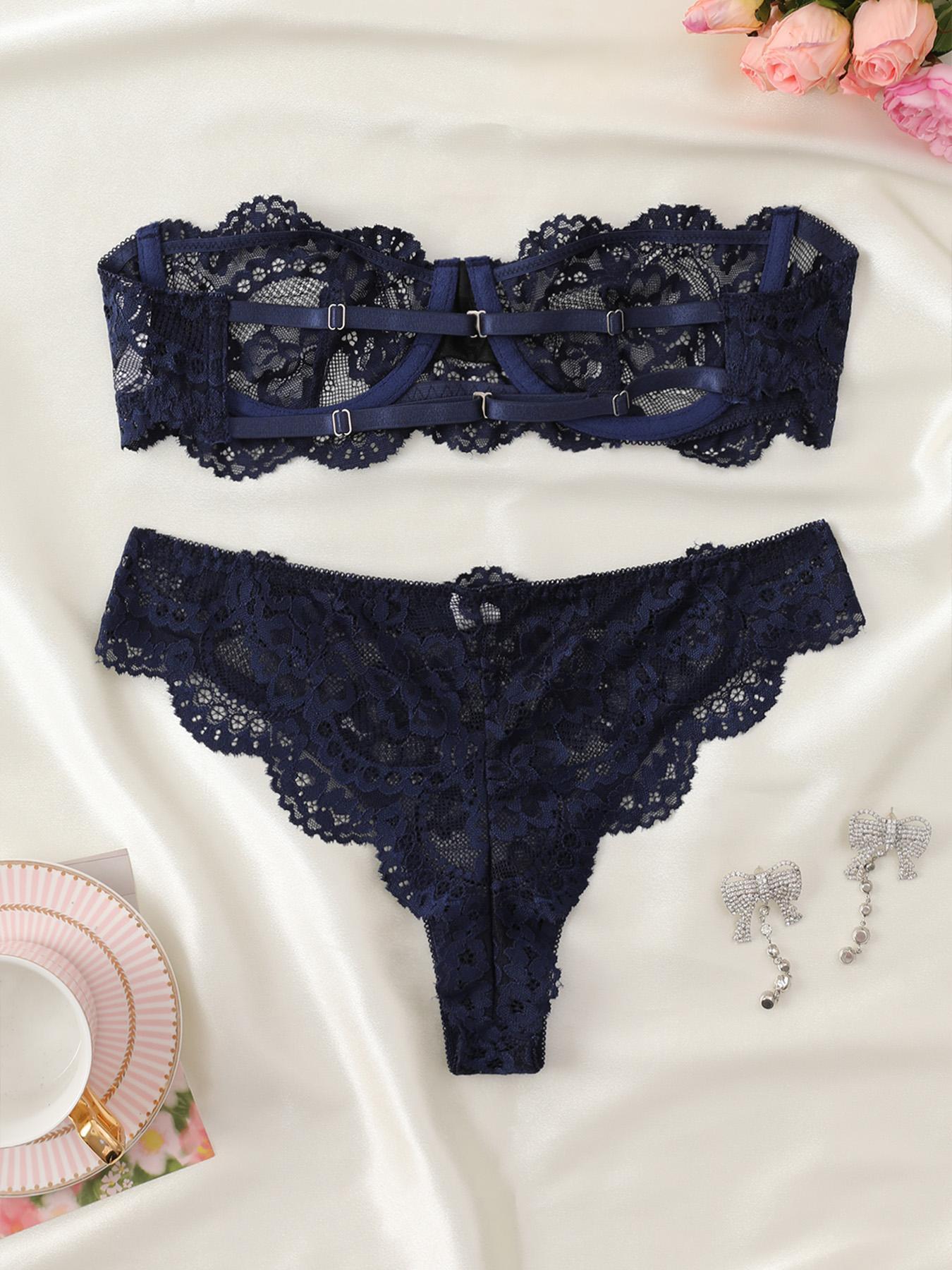 Women's Floral Lace Sexy Fitted Lingerie Two-piece Set, Romantic Underwire Bandeau Bra & Scallop Trim Thong, Comfortable Breathable Fabric Lingerie Set for Daily Wear, Women's Underwear Set for All Seasons, Emerald Green Option, Womenswear