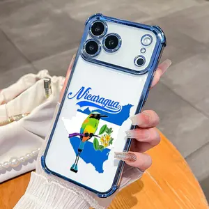 Nicaragua Flag Map Pattern Phone Case , Electroplated Cover with Airbag Shockproof Slim Soft TPU Cover for iPhone X 11 12 13 14 15 16 17 Pro Max Plus Air, Motmot Bird & Plumeria Flower Print