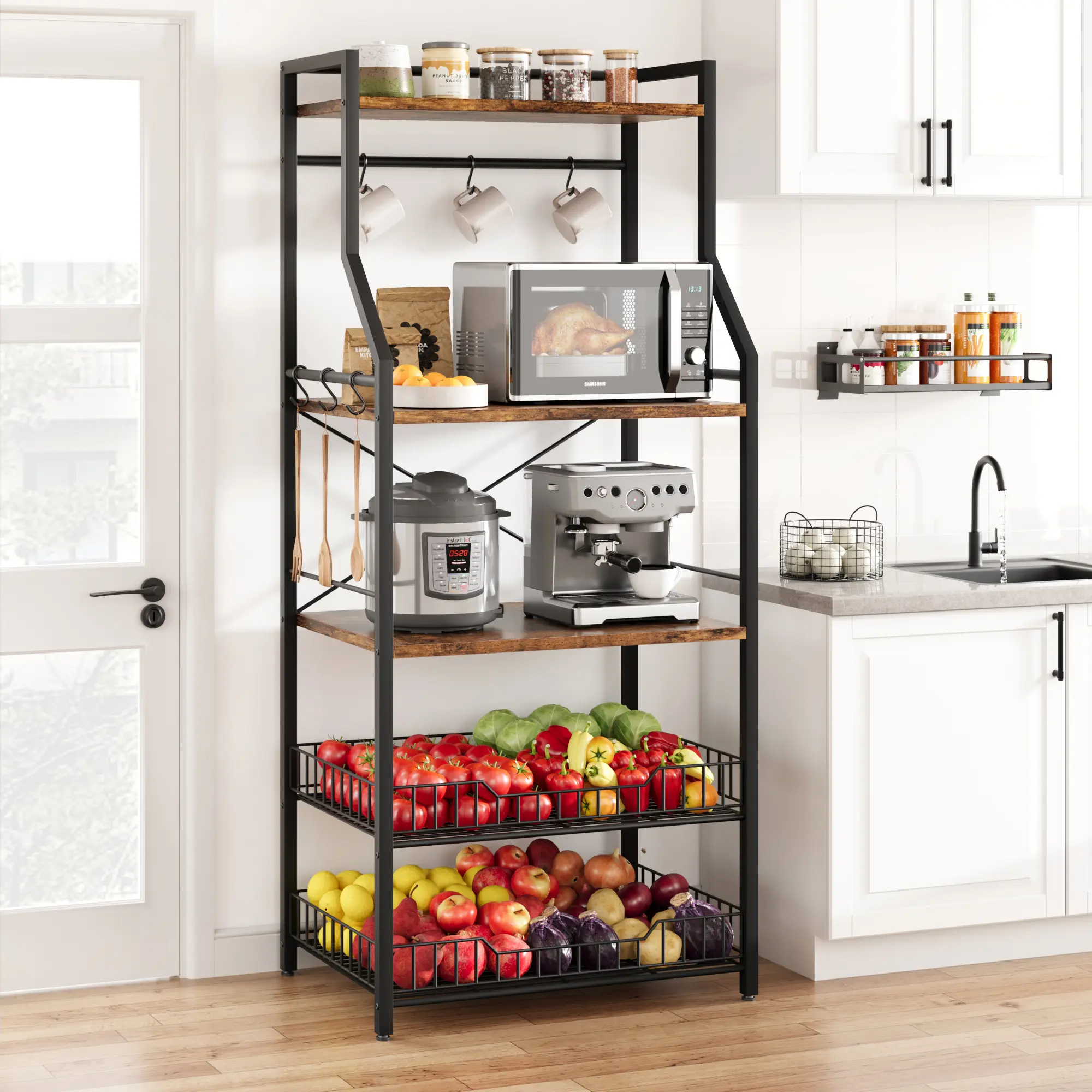 Sturdy 5-Tier Industrial Bakers Rack with Steel Frame, 15.7"d x 23.6"w x 57.4"h Kitchen Microwave Stand Coffee Bar Station, Storage Cabinet with 2 Large Wire Baskets and 8 Hooks, Quick Setup, Industrial Farmhouse