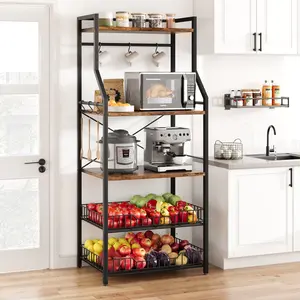 5 Tier Bakers Rack with Storage Cabinet, Industrial Kitchen Microwave Stand Coffee Bar Station, Large Storage Shelf with Wire Baskets and 8 Hooks