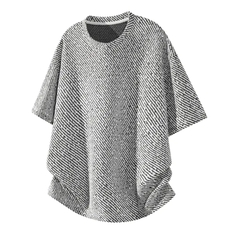 Men's Diagonal Herringbone Jacquard Crew Neck Short Sleeve Top - Polyester Textured Knit Fabric, Oversized Loose Fit, Lightweight Breathable, Curved Hem, Machine Washable, Streetwear Classic, Foldable, Hangable, for Daily Casual Summer Menswear, Medium Le