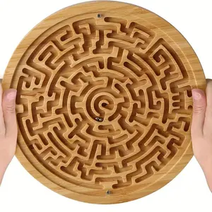 Round Wooden Marble Maze Game, Brain Teaser Logic Puzzle with 2 Steel Balls, Educational Toy for Kids, Family Game Night Fun