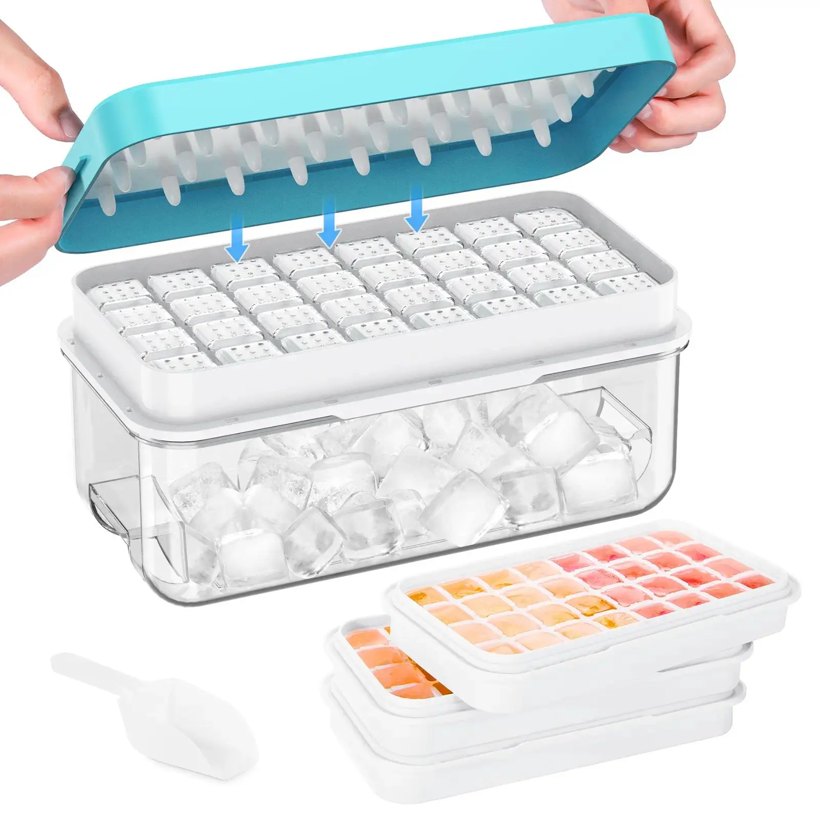 Stackable Ice Cube Tray Set with Lid and Bin – 64/96 Cubes, Ice Cube Trays for Freezer, BPA Free,Easy-Release Ice Molds for Freezer,Includes Scoop Containers Utensils