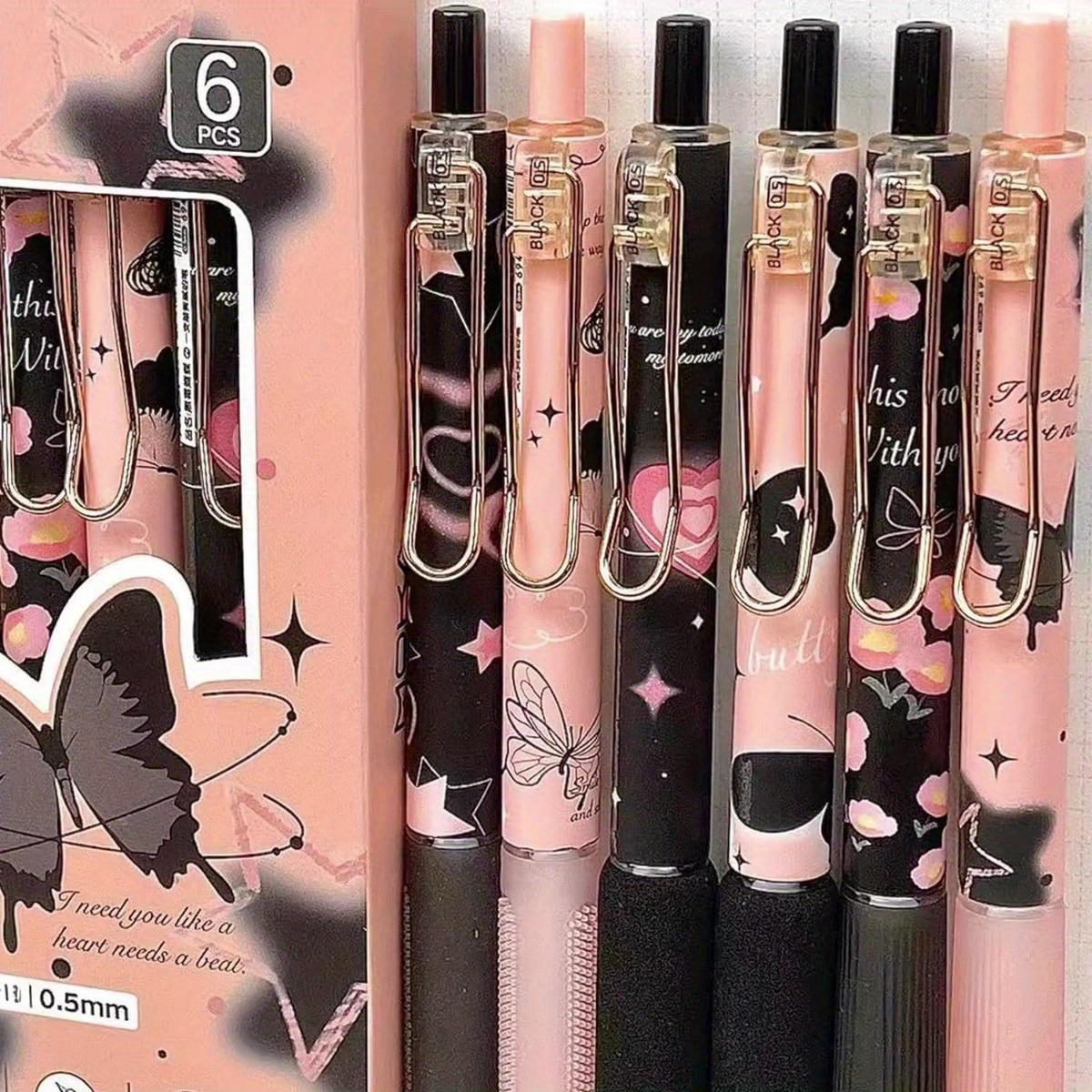 6 Pack Retractable Gel Ink Pens, Fine Point 0.5mm, Black Ink, Butterfly & Rose Flower Design, Cute Writing Pens for School, Office, and Home Use, Ideal Gift for Teens and Adults