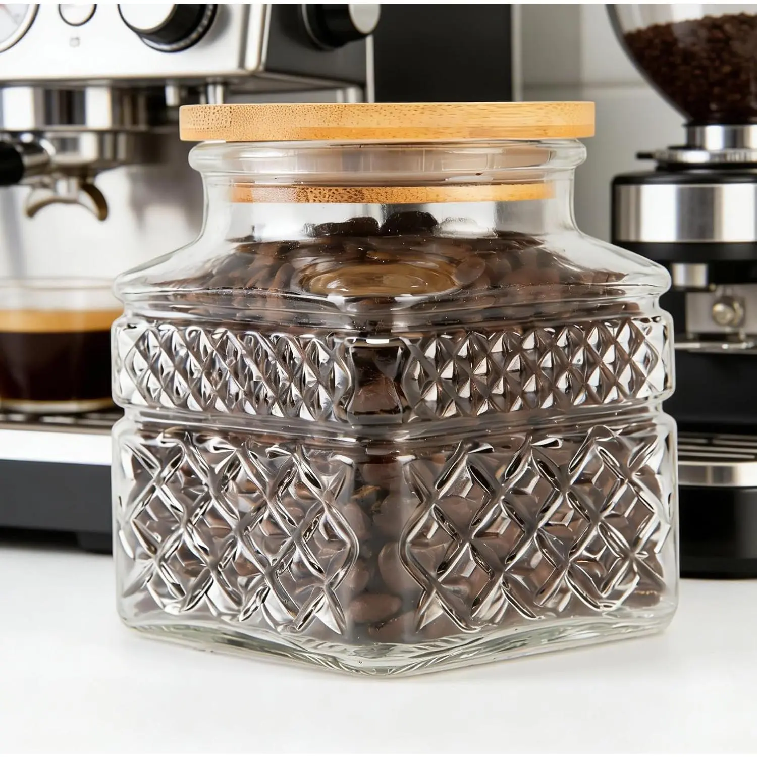 Glass Storage Canister with Airtight , 20.3 FL OZ Thick Glass Candy Jar for Coffee Bean, Cocoa , , Snacks  Decorative Square Glass Jars for Coffee Bar Kitchen Party Counter