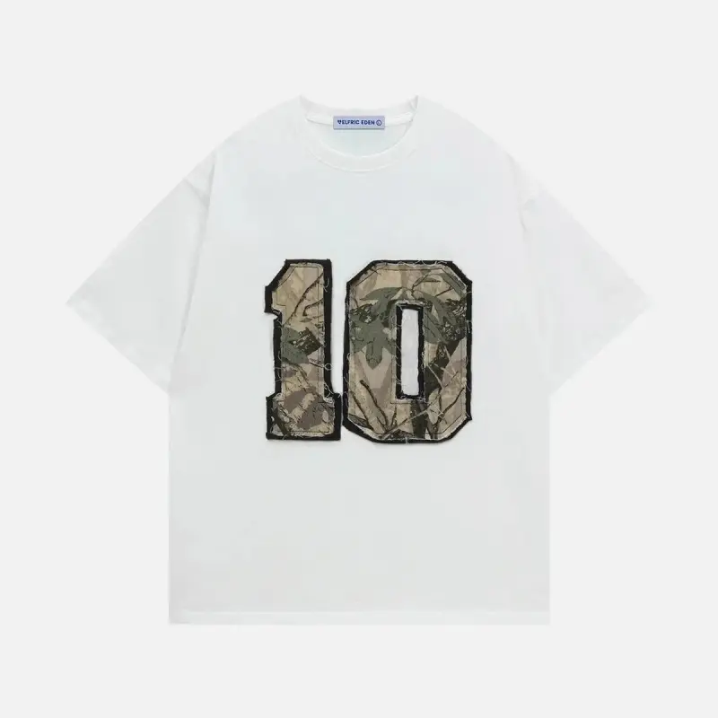Aelfric Eden Camo 10 Patch Oversized Tee Camouflage Number Graphic Unisex Streetwear Casual T Shirt, Round Neck, Print, Top, T Shirts, Vibe, Classic, Shortsleeve, Women's Tops Menswear Tshirt
