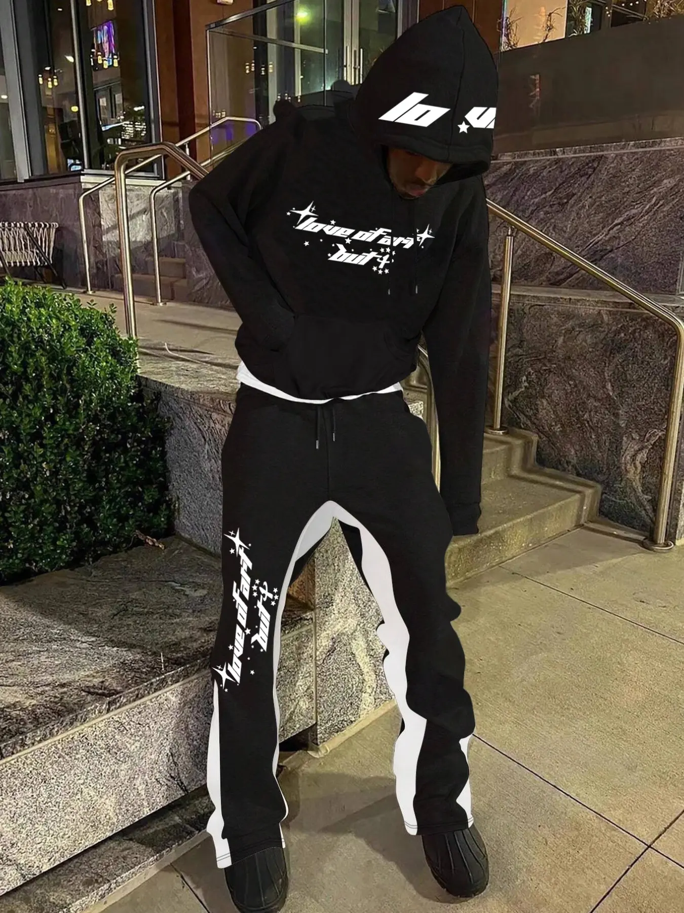 Men's 2-Piece Star Letter Graphic Hoodie and Colorblock Wide-Leg Sweatpants Set, Oversized Pullover, Y2K Streetwear Tracksuit, Matching Sets