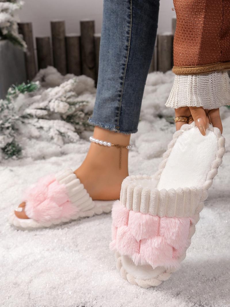 Women's Cute Plaid Design Fluffy Bedroom Fuzzy Warm Slippers, Trending Shoes, Casual Soft Comfortable Home Slippers, House Shoes, Gifts for Her, Non Slip Slippers for Women, Indoor Footwear