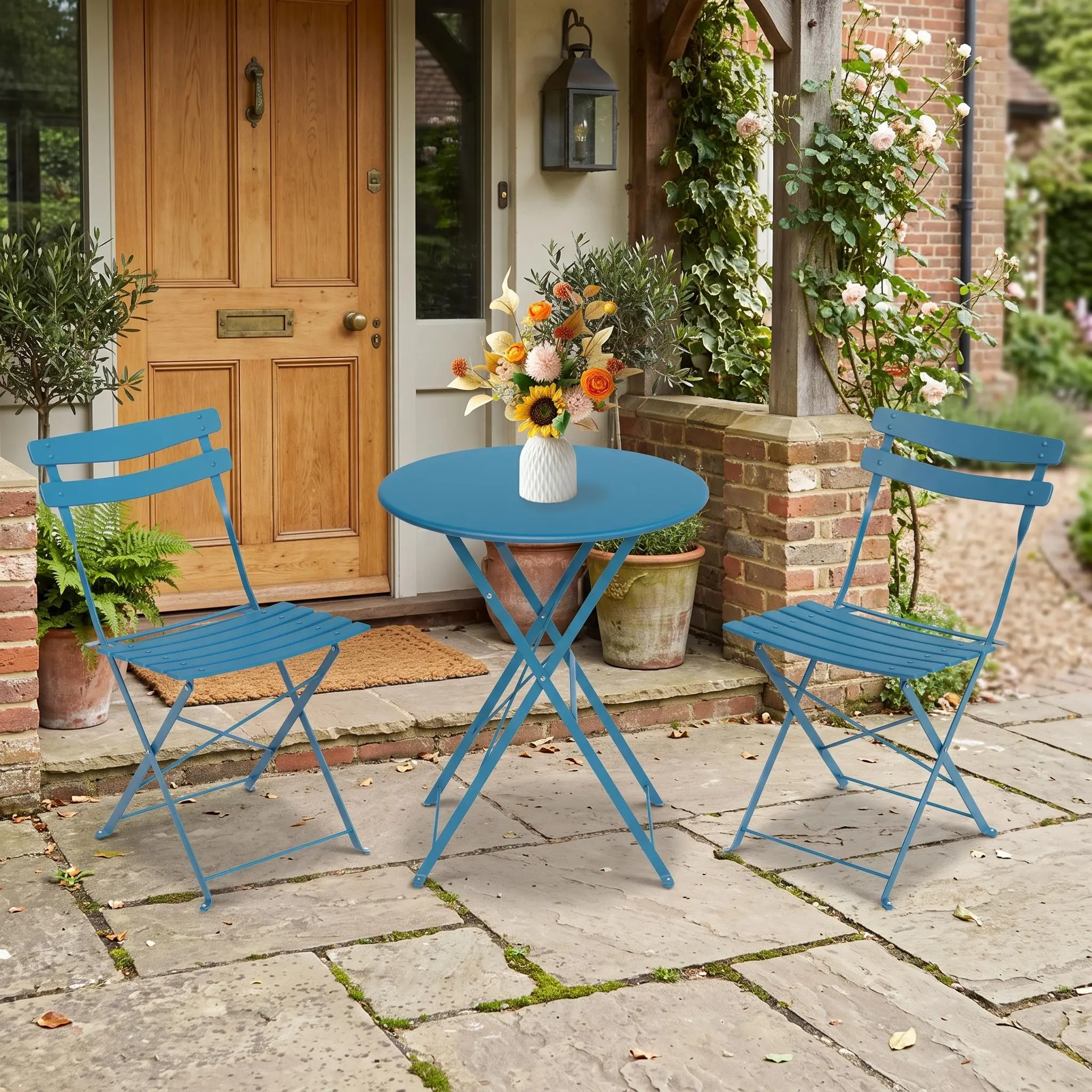 Space-Saving 3-Piece Folding Bistro Set – Sturdy Steel Frame Patio Table & 2 Chairs – Mark & Rust Resistant – Ideal Outdoor Furniture for Balcony, Garden, Yard, Porch