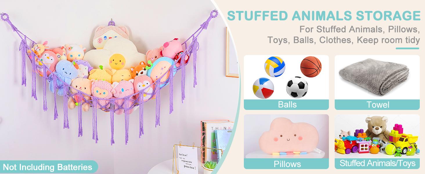 Stuffed Animals Net or Hammock with LED Light, Hanging Stuffed Animals Storage Toy Hammock Net Corner Wall Girls Room Decor Toy Storage Organizer, Purple,