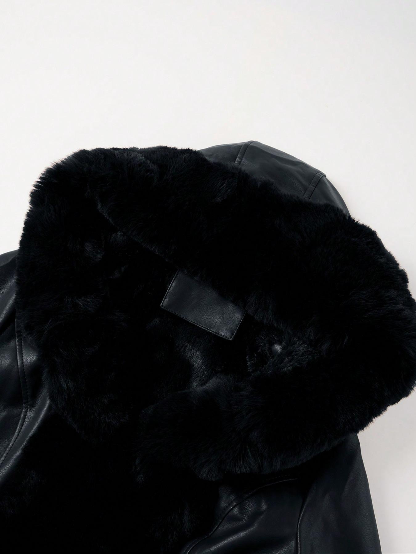 Giolshon Women's Fall & Winter PU Long Jackets, Warm Casual Hooded Fitted Coats with Detachable Belt and Faux Fur, Everyday Stylish Aesthetic Outerwear