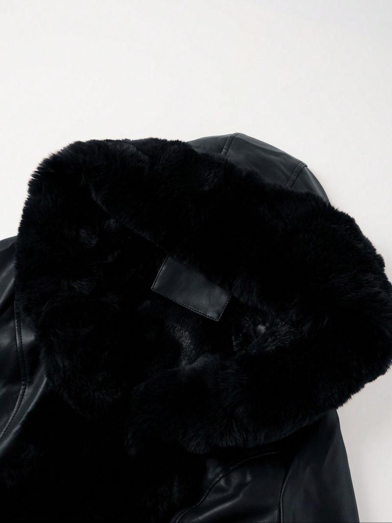 Giolshon Women's Fall & Winter PU Long Jackets, Warm Casual Hooded Fitted Coats with Detachable Belt and Faux Fur, Everyday Stylish Outerwear