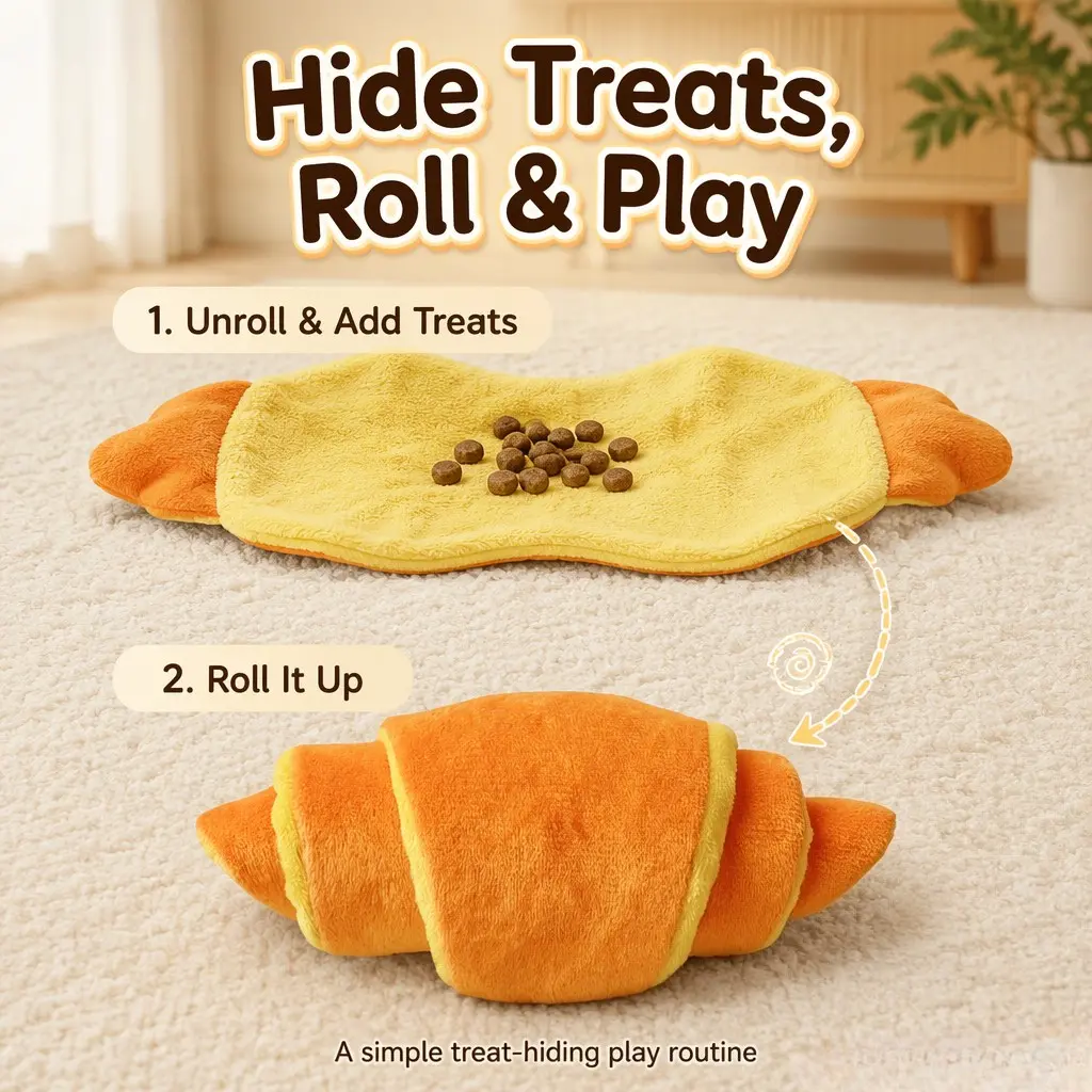 Dog Snuffle Toy Set, Plush Croissant & Crepe Treat Hiding Puzzle Toys for Dogs, Interactive Food Dispensing Enrichment Toy with Crinkle Paper, Soft Pet Chew Toy for Small, Medium & Large Dogs