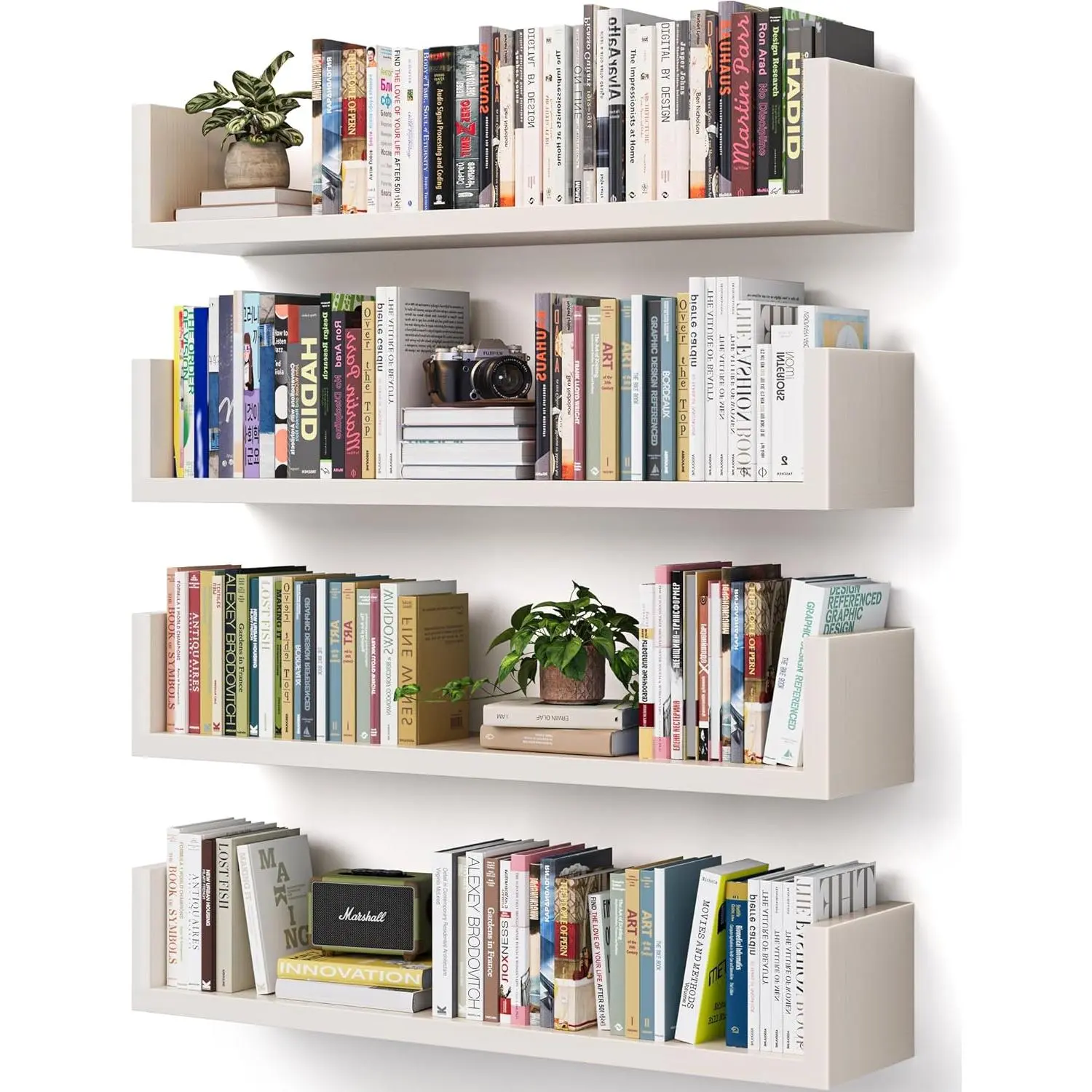 Set of 4 17 Inch U Shaped White Floating Hanging Wall Mounted Bookshelves Storage Shelves for Living Room Bedroom Office