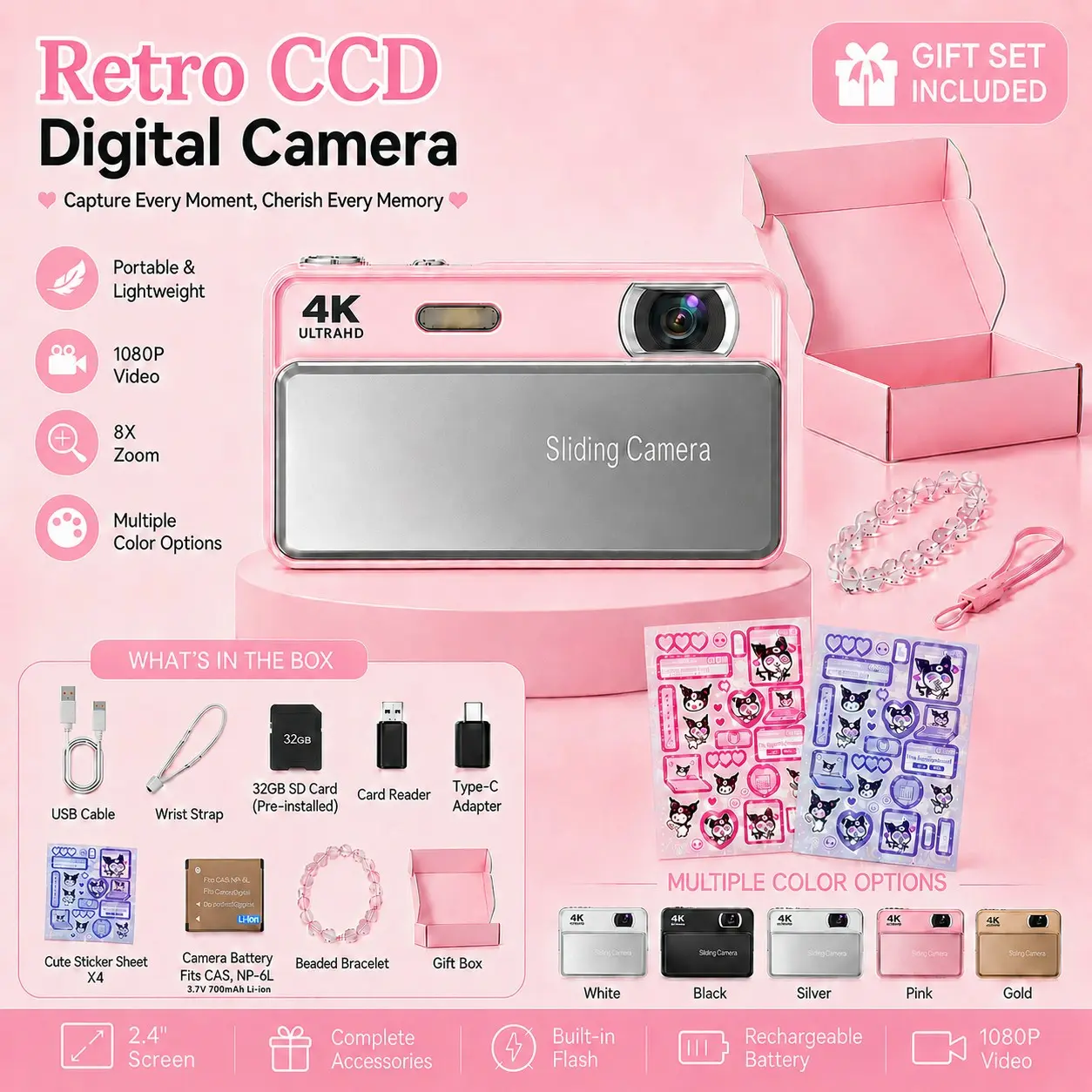 4K HD Digital Camera for Photos & Videos, Cute CCD-Style Campus Camera with Slide Cover, Includes 4Stickers, Perfect Birthday Gift for Girls, Girlfriend & Friends