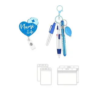 Nurse Life Glitter Heart Badge Roll Set, Includes Matching Nurse Pen and Waterproof ID Badge Clip, Cute Nurse Theme Badges, Ideal for Nurses and Medical Workers