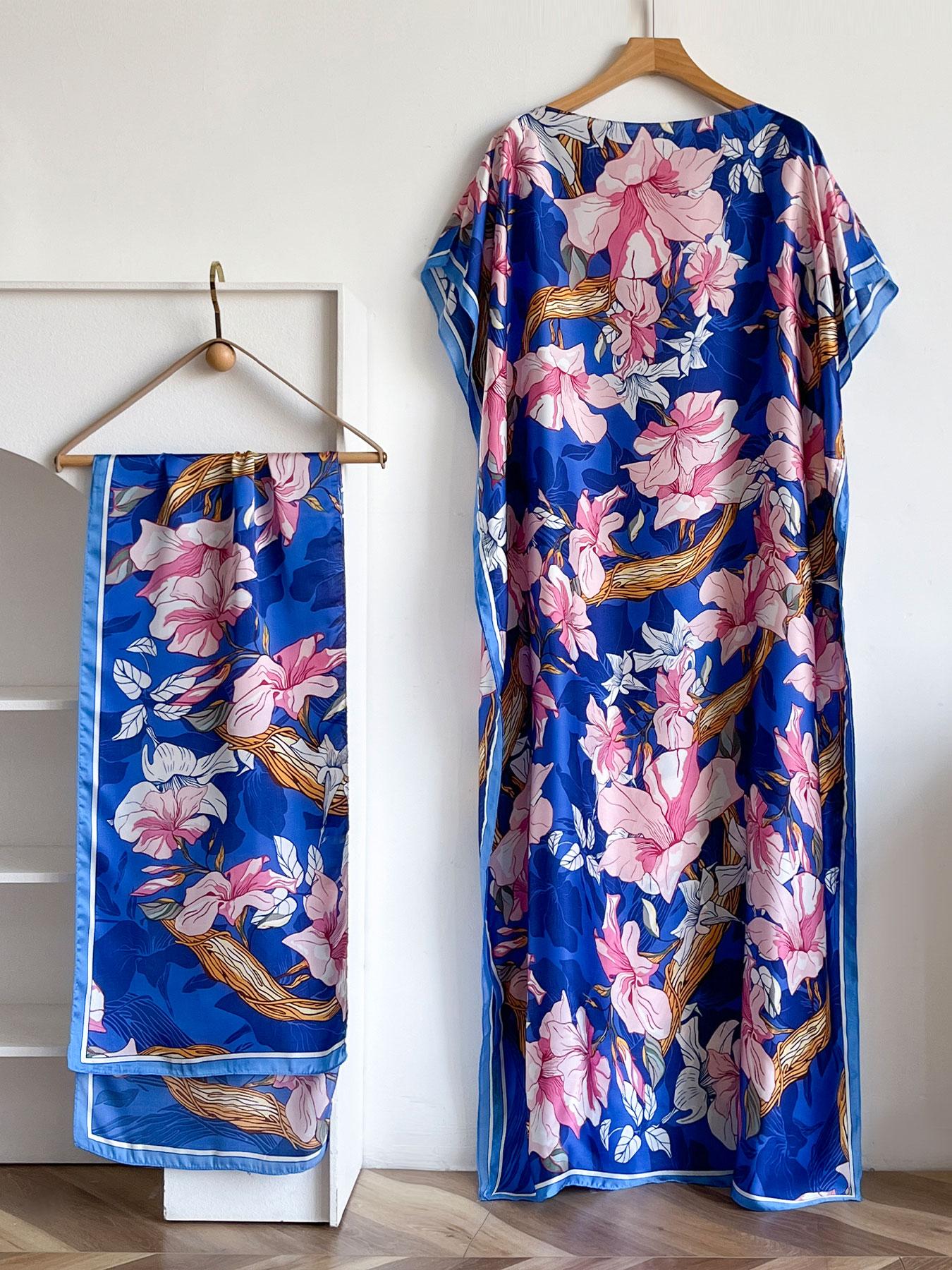 Women's Floral Print Long Dress & Scarf Set, Boho Casual Shawl Dress & Scarf Set for Beach Vacation Holiday, Ladies Clothes for All Seasons