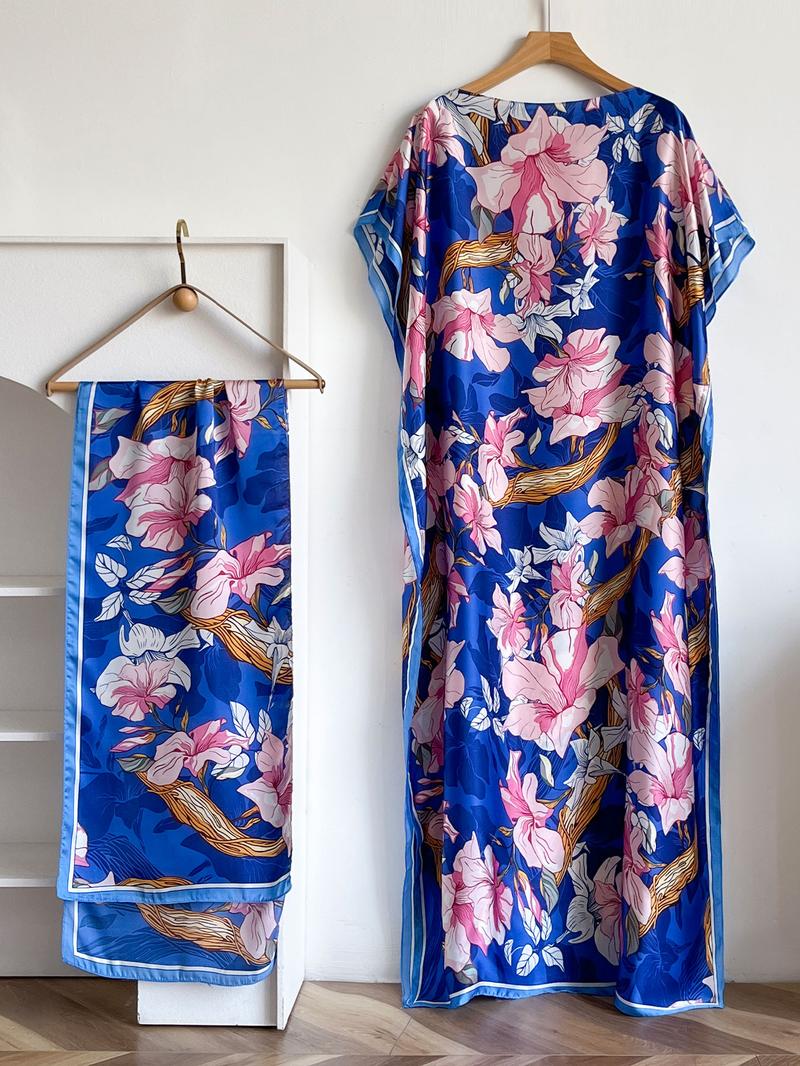 Women's Floral Print Long Dress & Scarf Set, Boho Casual Shawl Dress & Scarf Set for Beach Vacation Holiday, Ladies Clothes for All Seasons