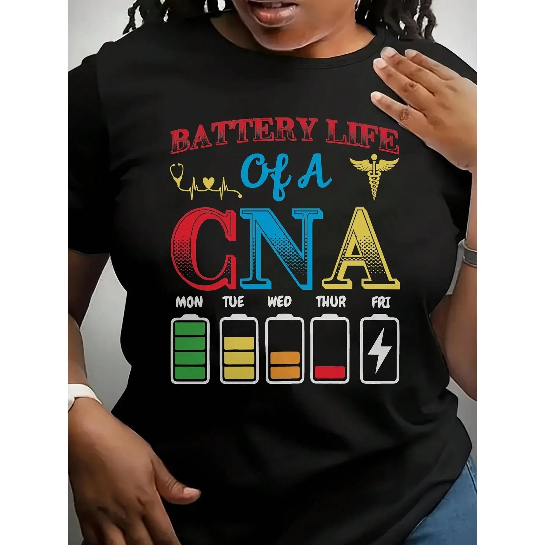 Women's Funny Nursing Workplace Apparel CNA Battery Life Graphic Tee Black Humor Shirt Loose Fit Round Neck
