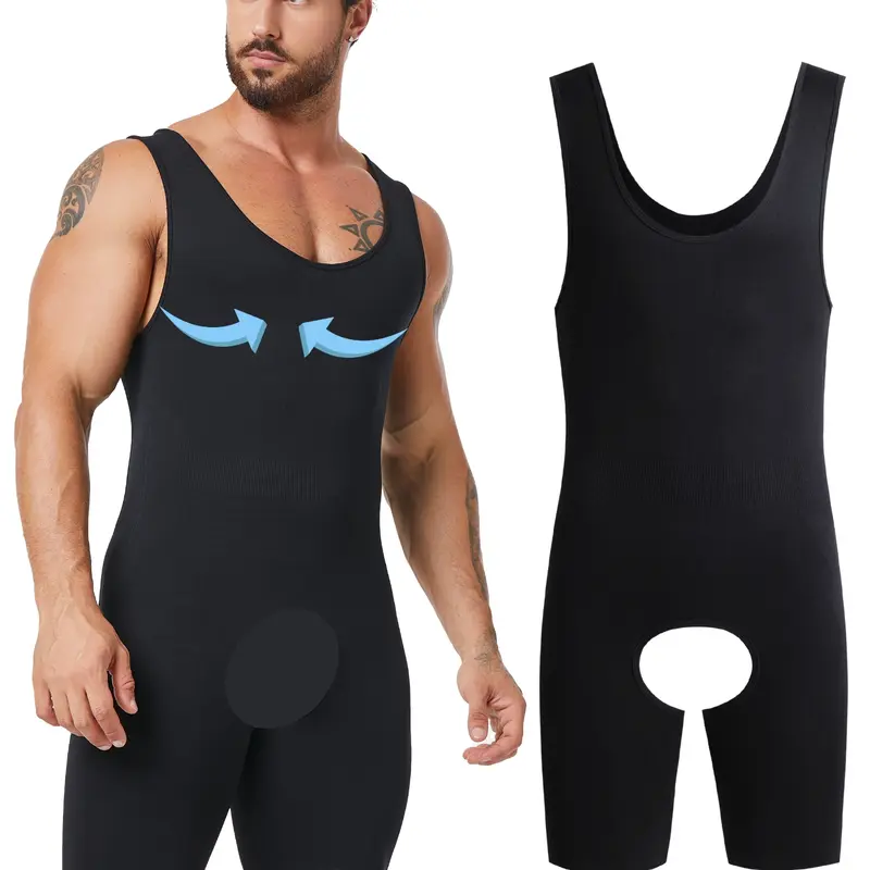 Men's Solid Open Crotch Scoop Neck Shapewear | High Stretch Tummy Control Sleeveless Tank Romper - All Seasons Tummy Tuck,Overalls for Men,Bodysuit sleeveless