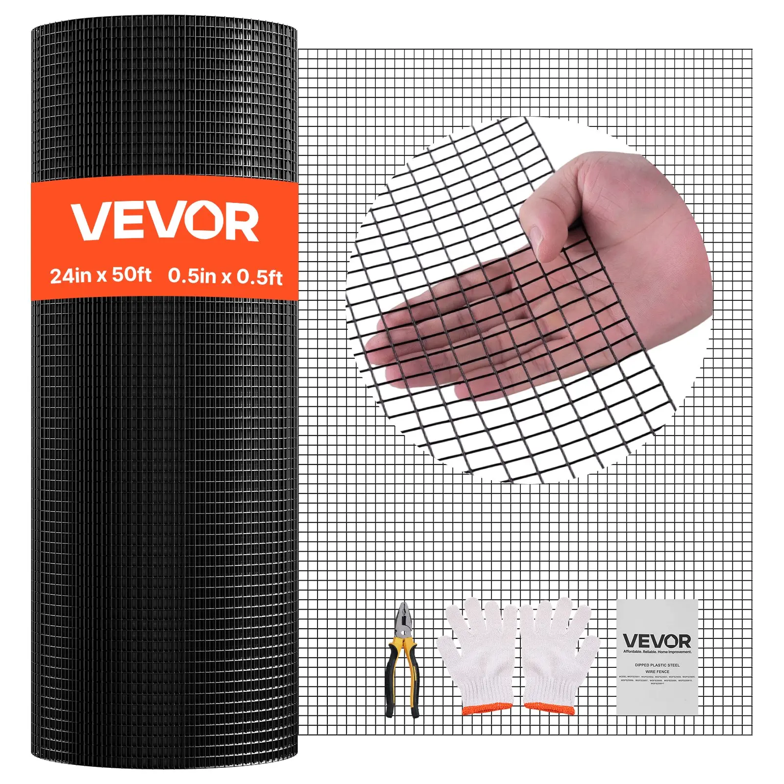 【Summerfinds】VEVOR Galvanized Wire Mesh Roll, 24 in x 50 ft 0.5 in x 0.5 in 19 Gauge, Vinyl Coated 12.1 lbs Dual-Purpose Fencing with Double Rust Protection, Cut-Resistant Gloves Included for Garden Plants, Rabbit Cages