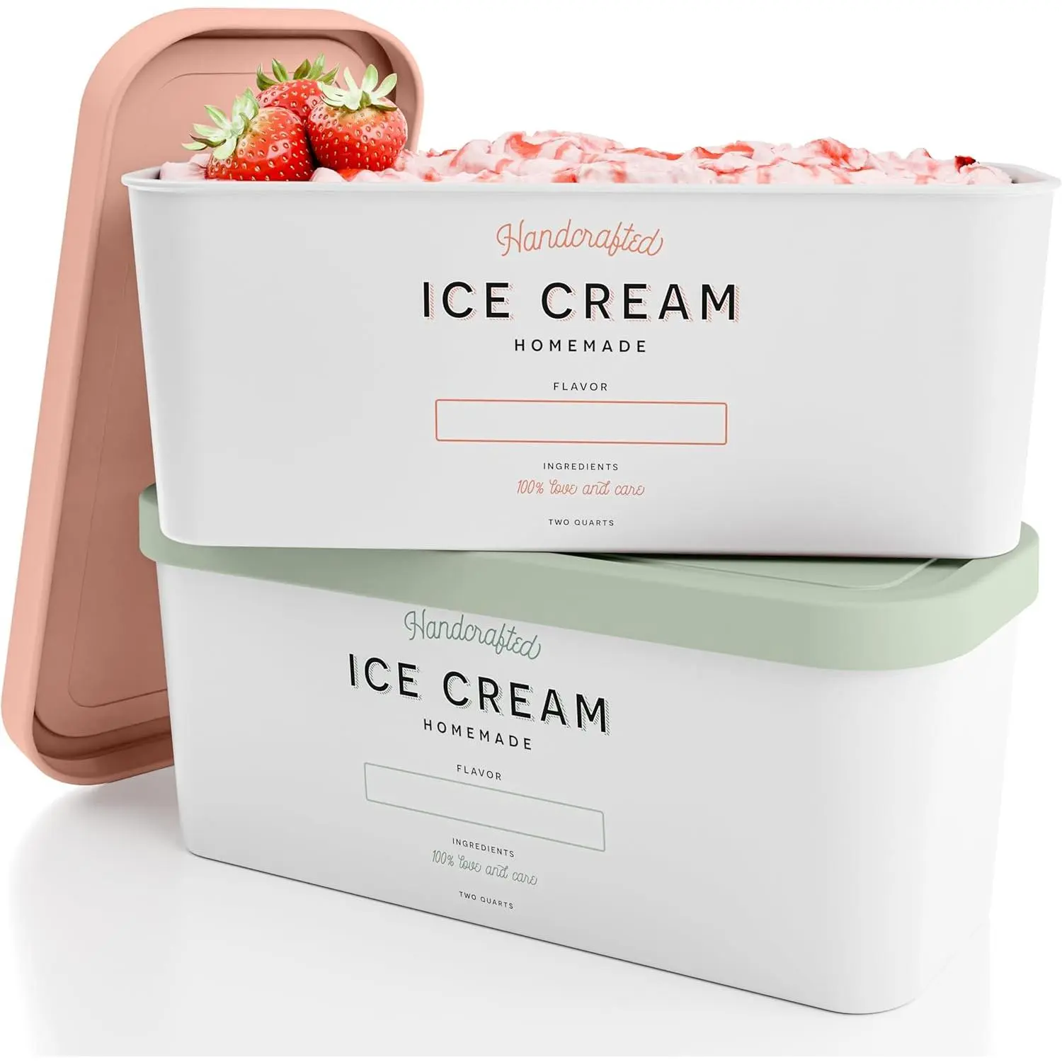 Set of 2 Reusable Ice Cream Tub Containers 2 Quart Each - Perfect for Homemade Sorbet, Frozen Yogurt Or Gelato - Stackable Storage Containers, Stickers And Lids Stores Easily In Freezer