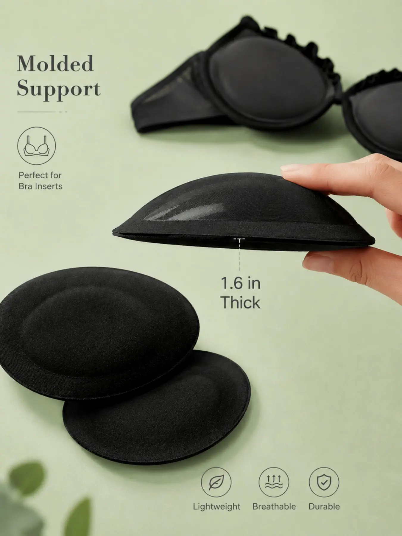 Women’s Molded Support Bra Inserts, 1.6 Inch Thick Push Up Foam Pads, Bra Padding, Removable Cup Enhancers for Sports Bras, Swimsuits, Bralettes and Everyday Underwear, Lightweight Breathable Breast Pads
