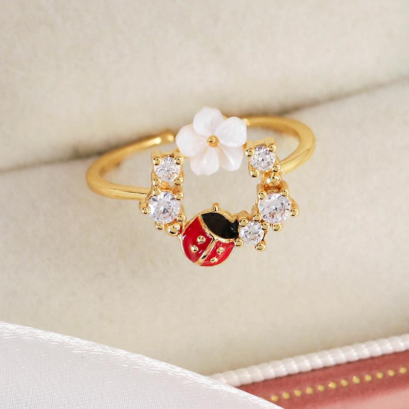 Spring and summer macaron-colored oil-drip flower heart ring with zircon inlay, open niche ring for women, personalized index finger ring