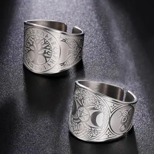 Viking Tree of Life Open Rings for Men Pentagram Triple Moon Goddess Ring Vintage Magic Amulet Wicca Stainless Steel Jewelry