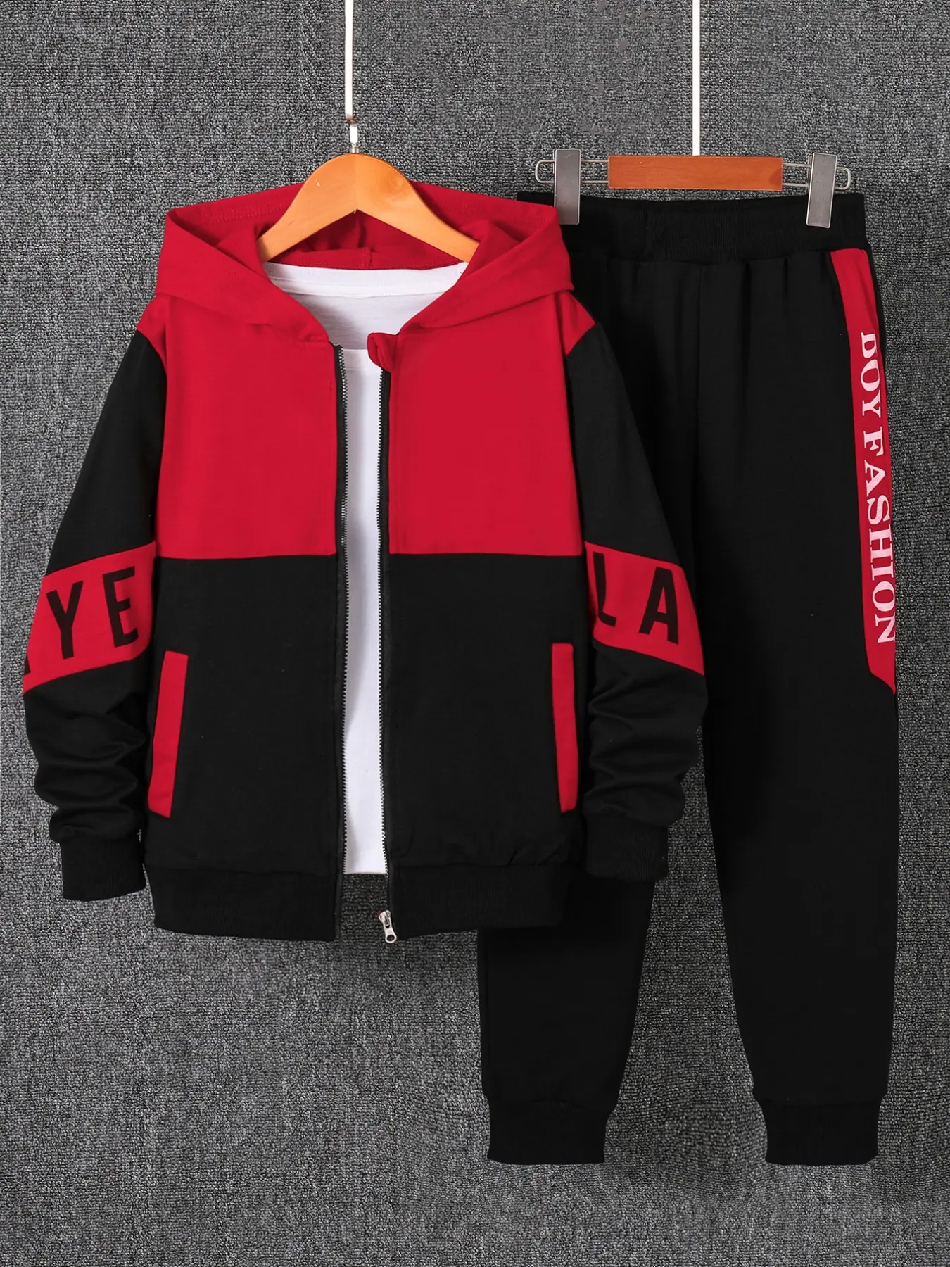 Autumn 2-Piece Boys' Set, Colorblock Playen Letter Hooded Zipper Jacket and Long Pants, Casual Slim Fit, Ages 7-11, All Seasons