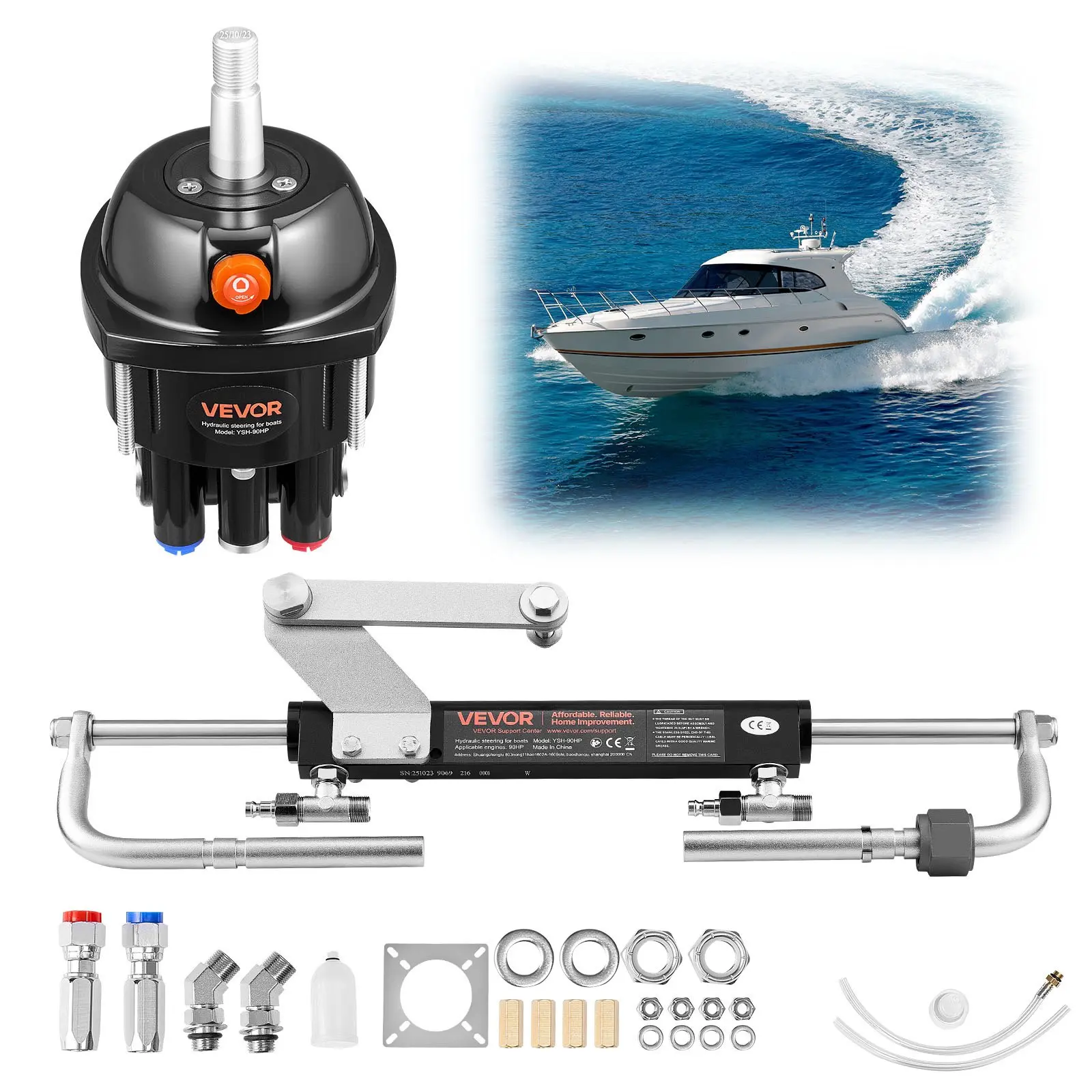 VEVOR Hydraulic Steering Kit, 90 HP, Hydraulic Steering Helm Pump Cylinder, with 6.9 MPa/1000 psi Max Working Pressure, Aluminum Alloy Housing, Check Valve, for Outboards Fishing Boats Sailboats