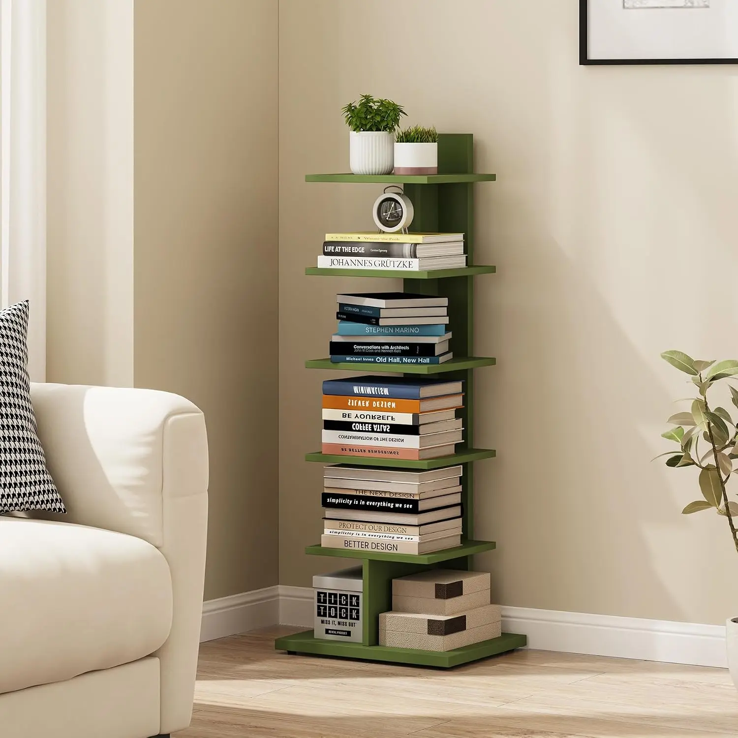 Book Shelf, Narrow  Bookshelf, 6-Tier Bookcase for Small Space | 10.4 x 13.4 x 41.3 Inches Vertical Freestanding Corner Shelf for Living Room, Office, Study, Entryway, Olive Green BS06BOG016