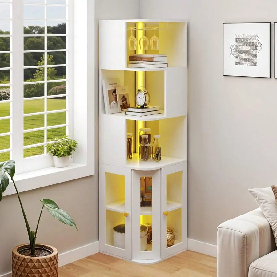 5-Tier Corner Bar Cabinet With LED Lights Industrial Wine Bar Cabinet With Glass Holder And Adjustable Shelves & Glass Door Liquor Cabinet For Kitchen, Living Room, Dining Room,chabuildreark,farmhouse,coffee bar cabinet,lockable,storage,,,wooden,organizer