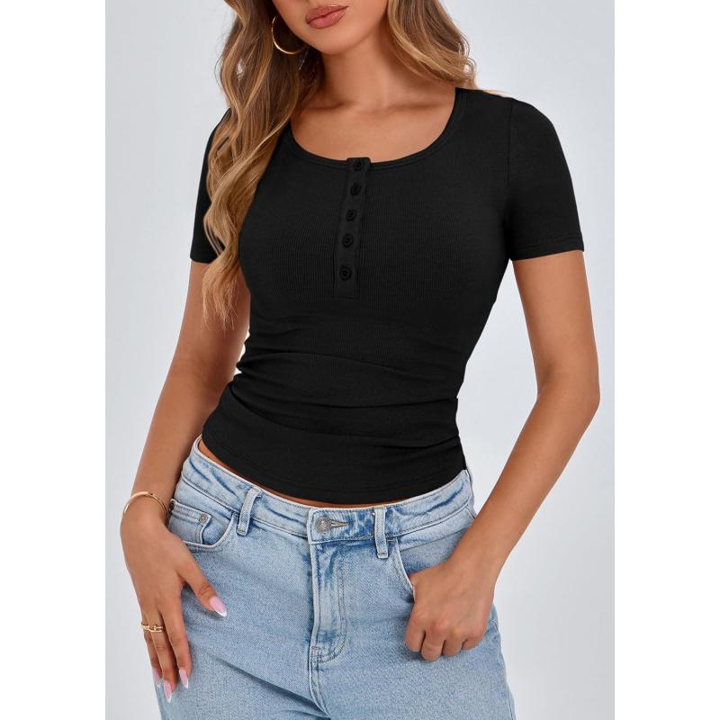 Women's 2026 Fall Summer Short Sleeve Tops Ribbed Henley Button Slim Fit Basic Casual T Shirts Blouse Clothing