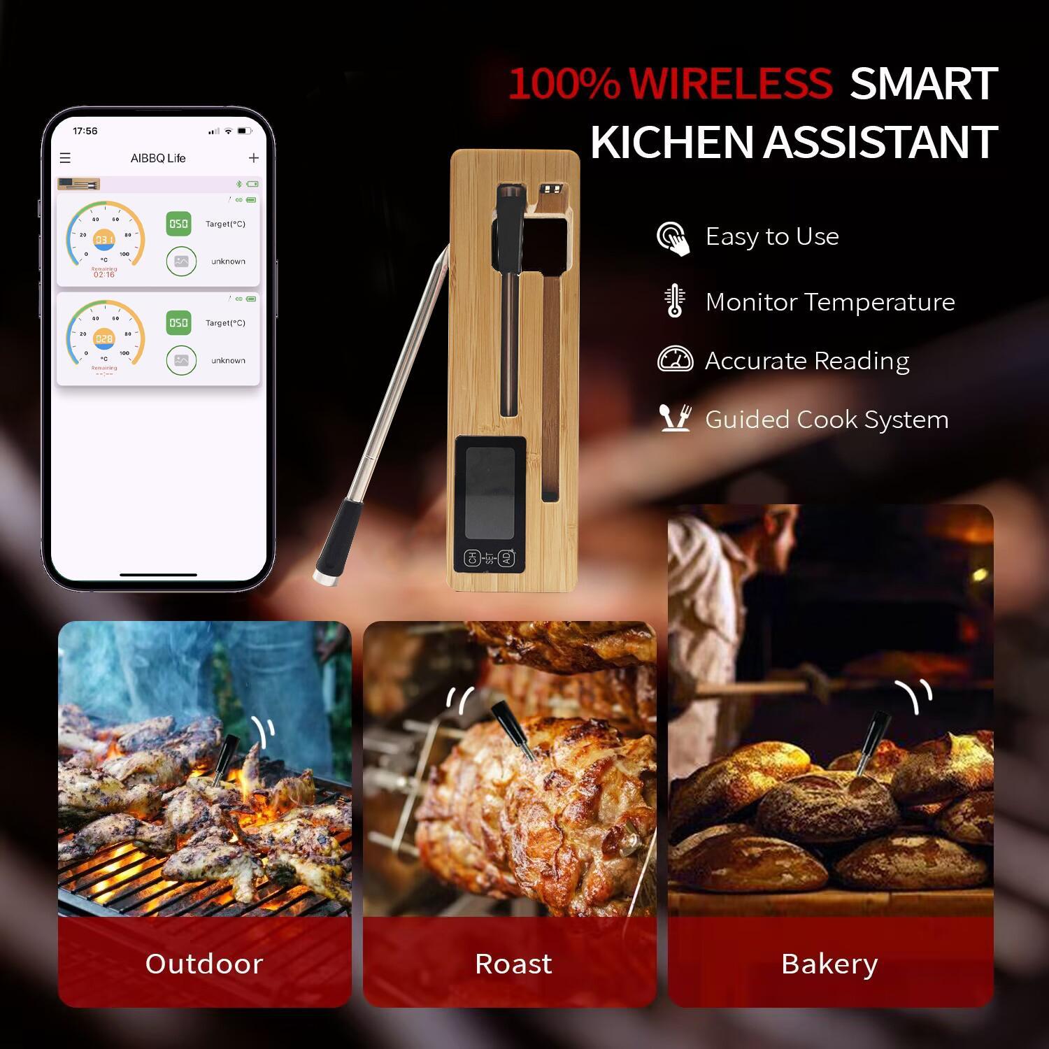 Wireless Meat Thermometer, 1 Box Smart Digital Cooking Thermometer with Wireless Probe, Bluetooth-compatible Food Thermometer for BBQ, Oven