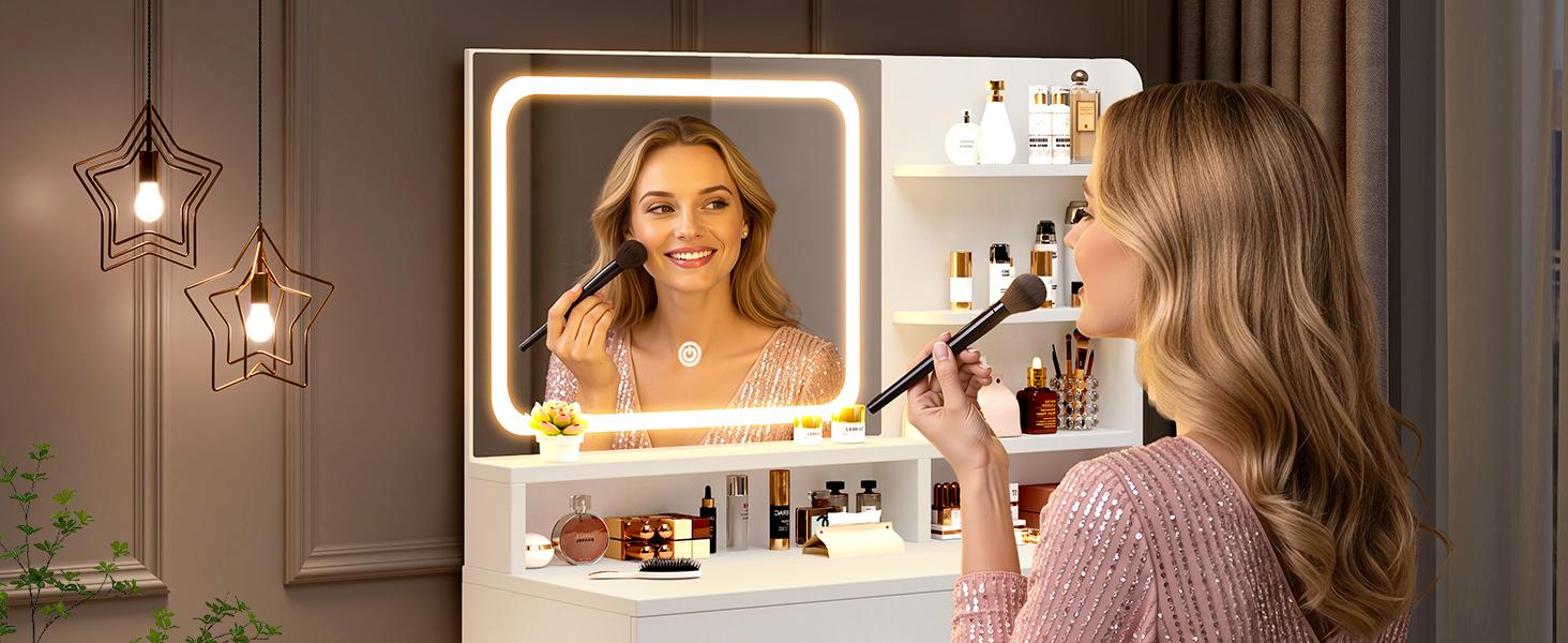 Makeup Vanity Desk with Smart LED Mirror & Charging Station 35.4" White Vanity Table Set with Cushioned Stool 4 Drawers Hairdryer Rack Modern Bedroom Dressing Table White chair light