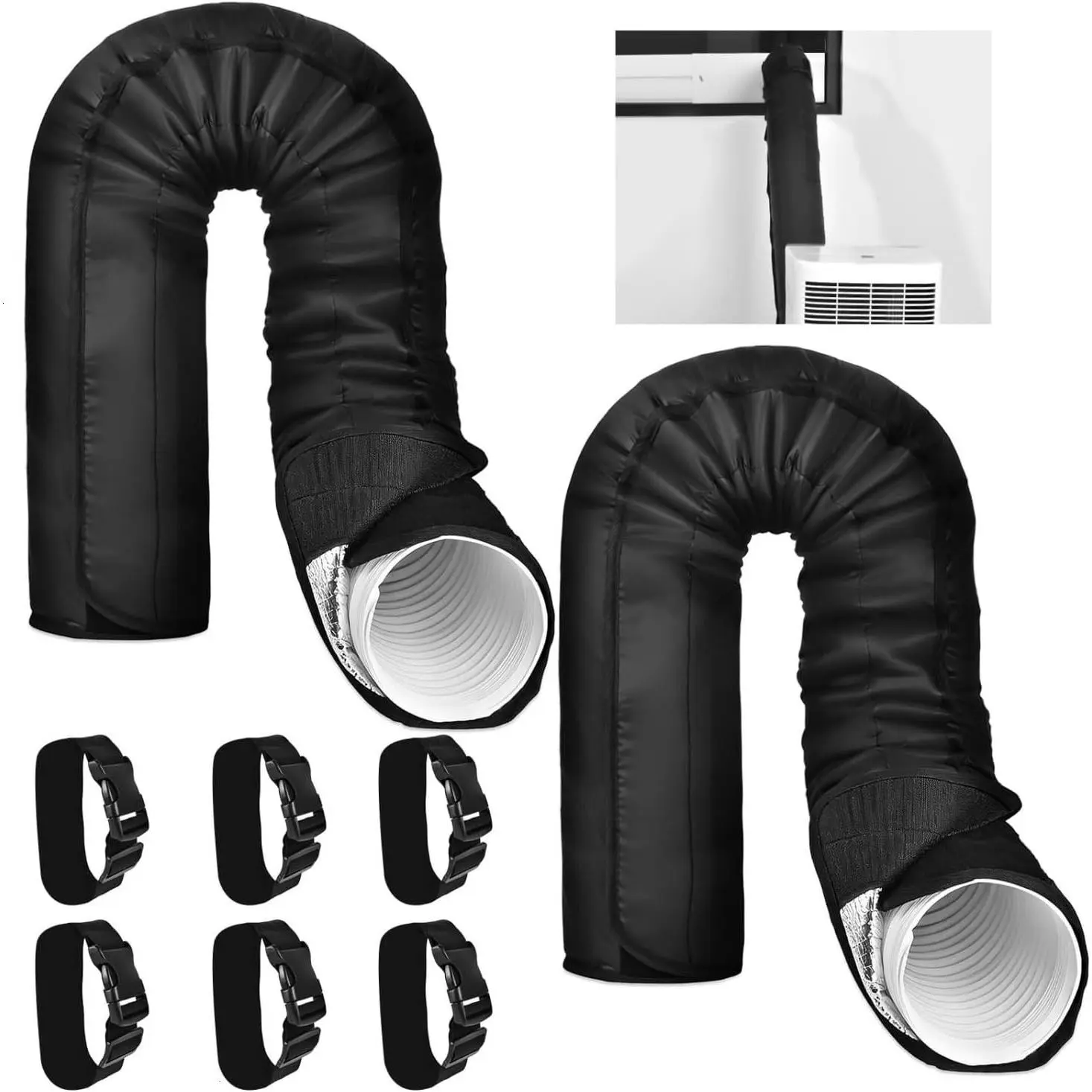 2-Pack Portable AC Hose Insulation Sleeve with Aluminum Foil, Thick Insul Heat-Resistant Cover Wrap, Easy Installation, Fits 5 & 5.9 in Ducts, Includes 6 Adjustable Straps