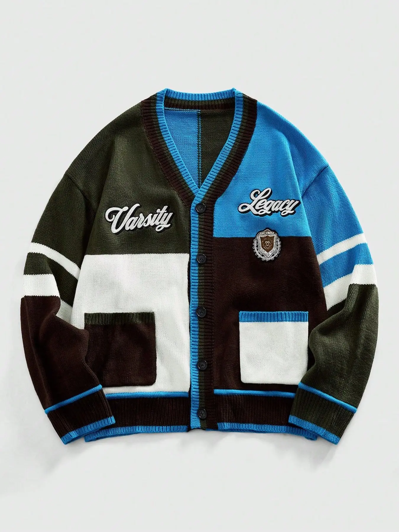 Trendy Patchwork V-Neck Knit Cardigan, Colorblock Square Design, 3D Embroidered Letter Shield Badge, Fall Versatile Drop Shoulder Long Sleeve Sweater Jacket