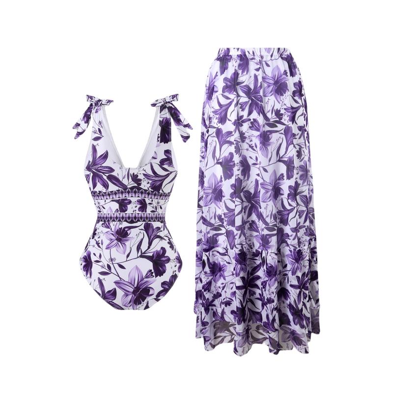 Women's V Neck Bohemian Print One-Piece Swimsuit and Matching Cover Skirt Set Summer Swimdress Swimming Vacation Beach Bathing SuitSuit Stylish Beachwear
