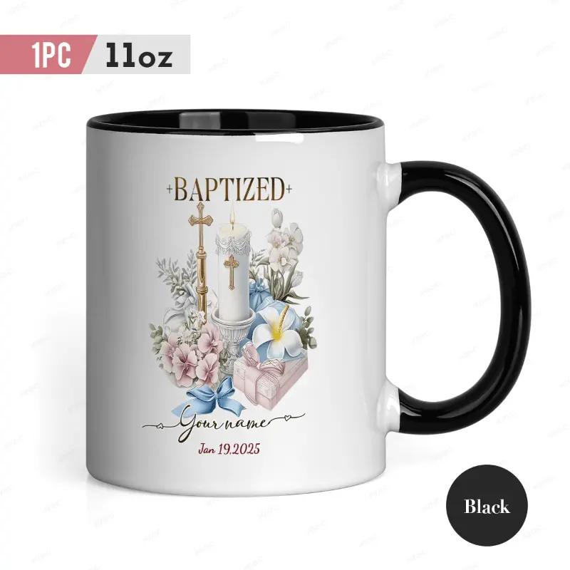 1pc 11Oz Personalized Baptism Cup, Custom Name And Date Black Handle Ceramic Coffee Mug, with Floral Cross Pattern, Religious Baptism Gift, Suitable for And, Microwave Safe, High-Definition Printing Technology
