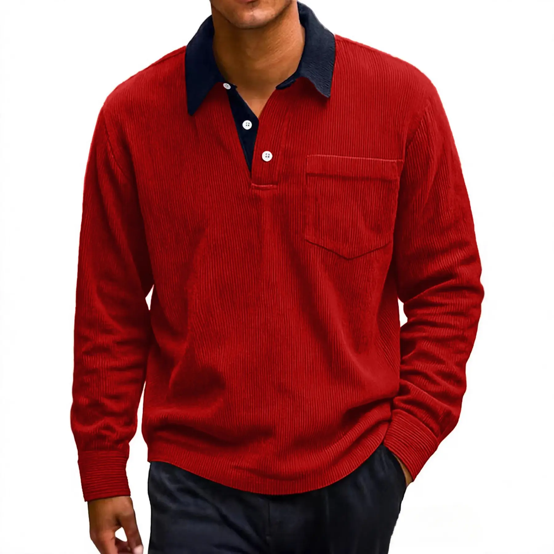Men's American-style retro corduroy long-sleeve pullover Polo shirt (Autumn/Winter 2026) – featuring color-blocking, buttoned pockets, and a casual fit.