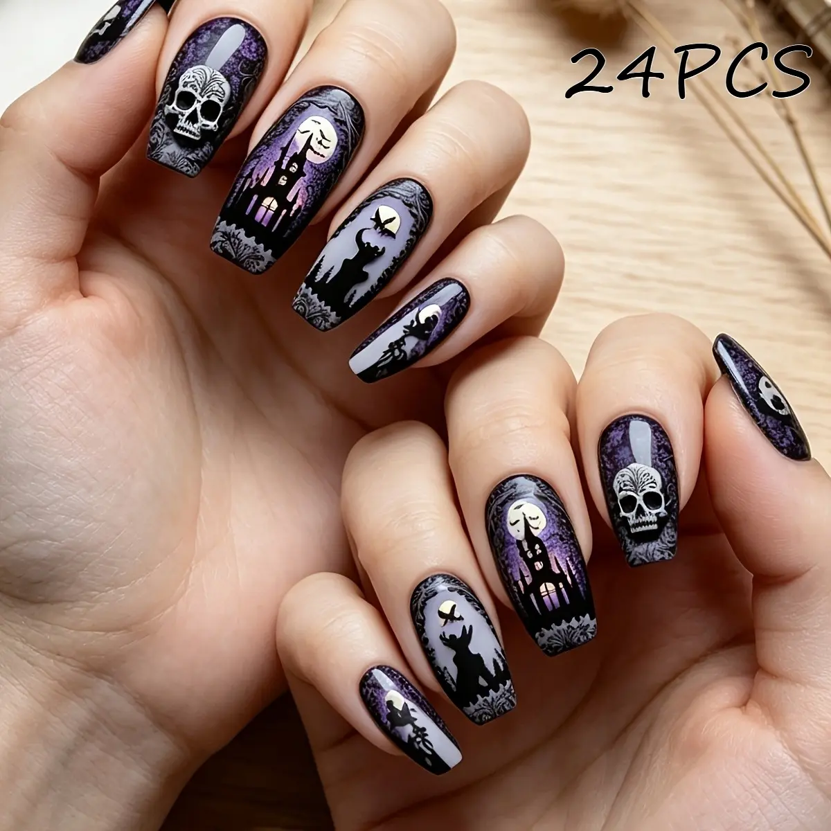 24Pcs Medium Taper Coffin Press On Nails Glossy Black Purple Gradient Skull Castle Crow Gothic Halloween Design Nail Designs Reusable False Nail Tips For Halloween Party Travel Holiday Gathering Girls Salon DIY Spooky Holiday Manicure Decor Accessories