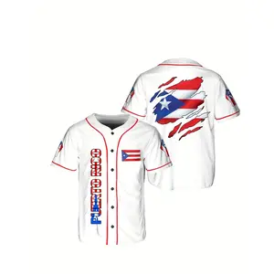 Unisex Puerto Rico Patriotic Baseball Jersey, Vertical PUERTO RICO Letter & Torn Puerto Rican Flag Print Full Button Short Sleeve Shirt with Flag Patches on Chest & Sleeves