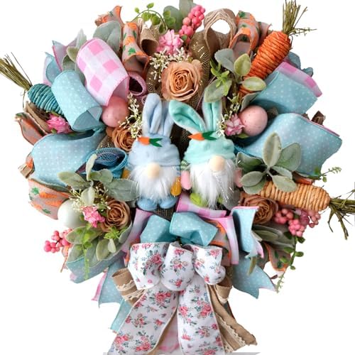 16 Inch Easter Mesh Deco Bunny Wreath with Eggs and Carrots for Front Door, Spring Pink and Blue Ribbon Easter Wreath for Spring, Rustic and Farmhouse Ribbon for Home Decor