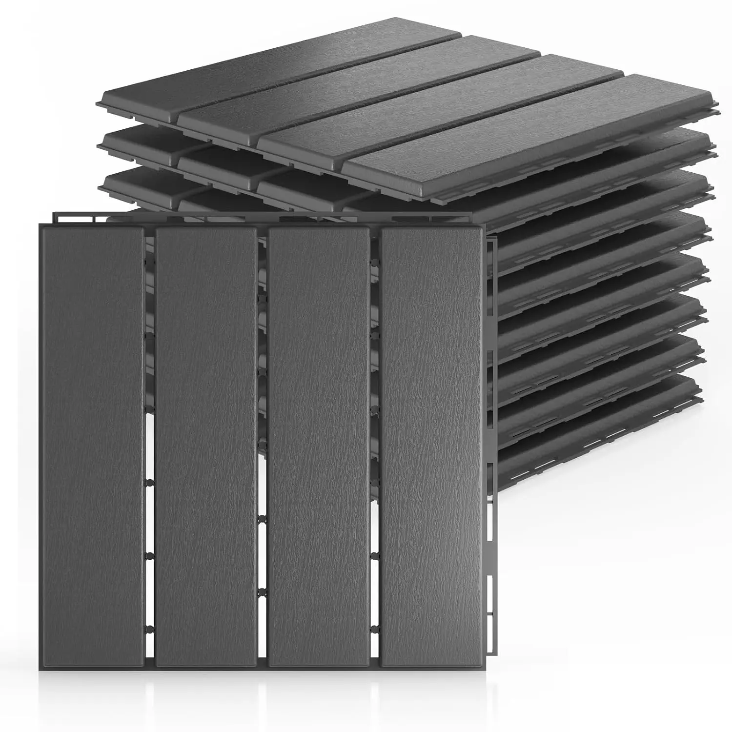 12"x12" Deck Tiles, 9 Pack Interlocking Patio Flooring, Dark Grey |  -weather durability | 3- drain, slip-resistant  base | Snap-lock, installs in minutes