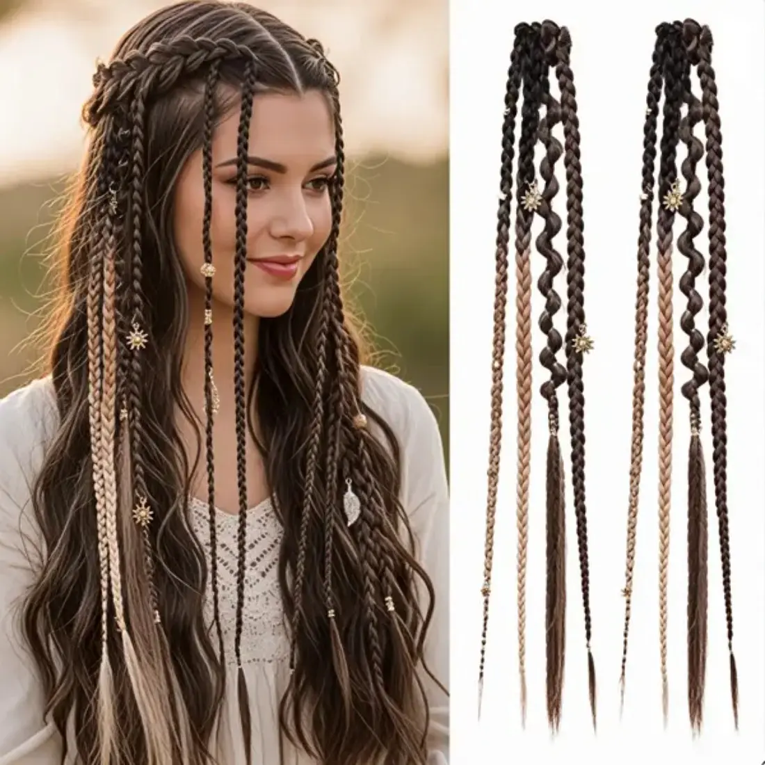 Boho Clip In Braided Hair Extensions for Women, 2PCS 20 Inch Synthetic Braids with Beads & Charm Details, Festival Hair Accessories for Coachella, Cosplay, Party, Vacation and Daily Wear